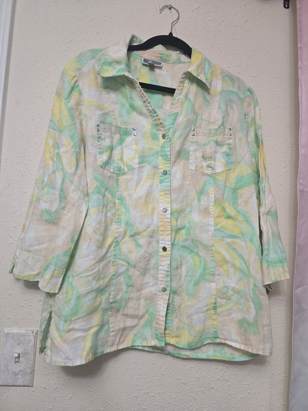 100% Linen. JM Collection Pastel Yellow & Mint Green Button Front Shirt